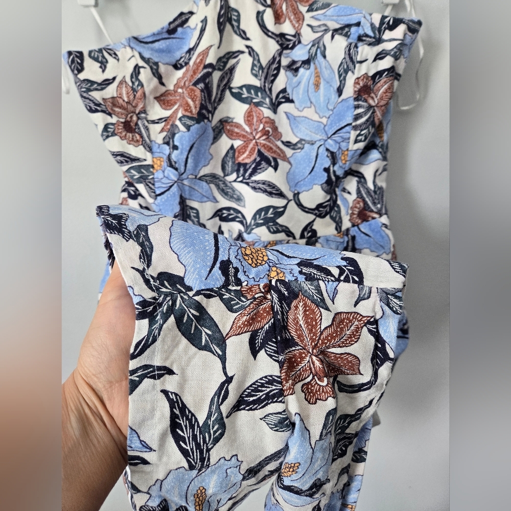 OLD NAVY Floral Halter Neck Blue Brown And White Linen Blend Romper - Picture 4 of 16
